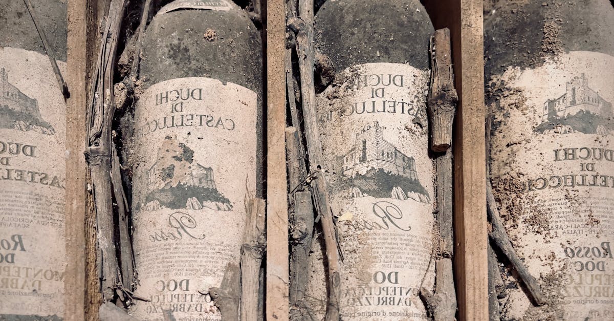 Vintage dusty wine bottles in a wooden crate, covered with dirt and sticks.
