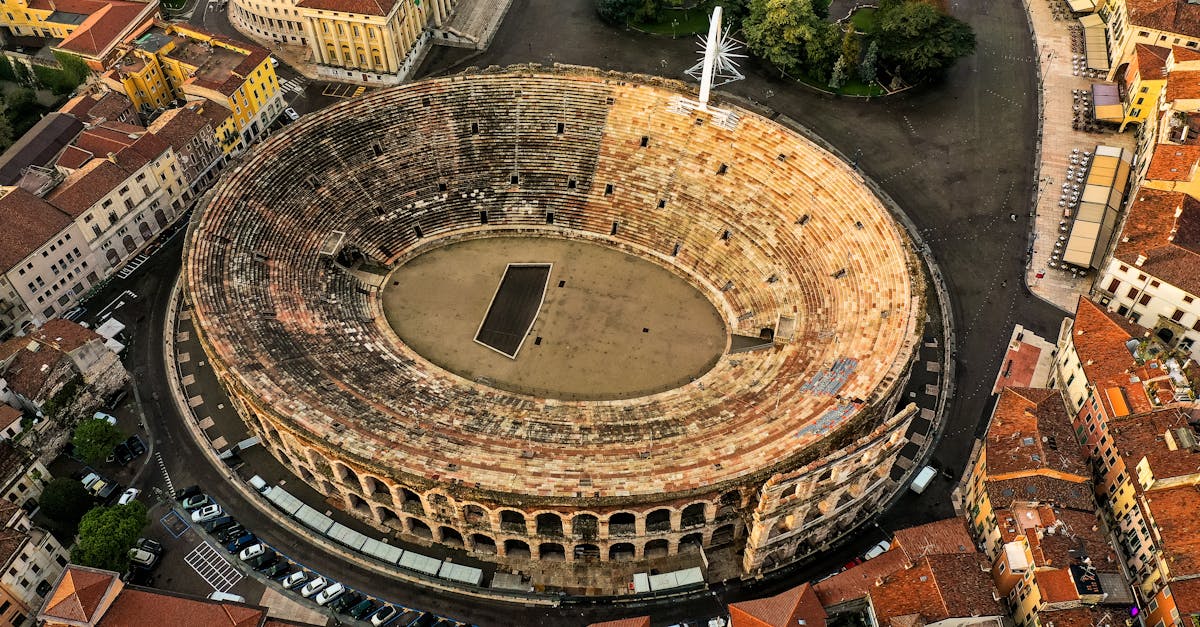 Stunning aerial shot of the ancient Verona Arena, showcasing its Roman architecture.