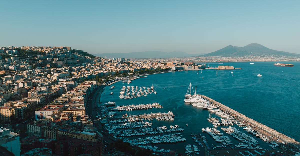 Aerial view of Naples harbor with boats and city skyline under clear blue sky.