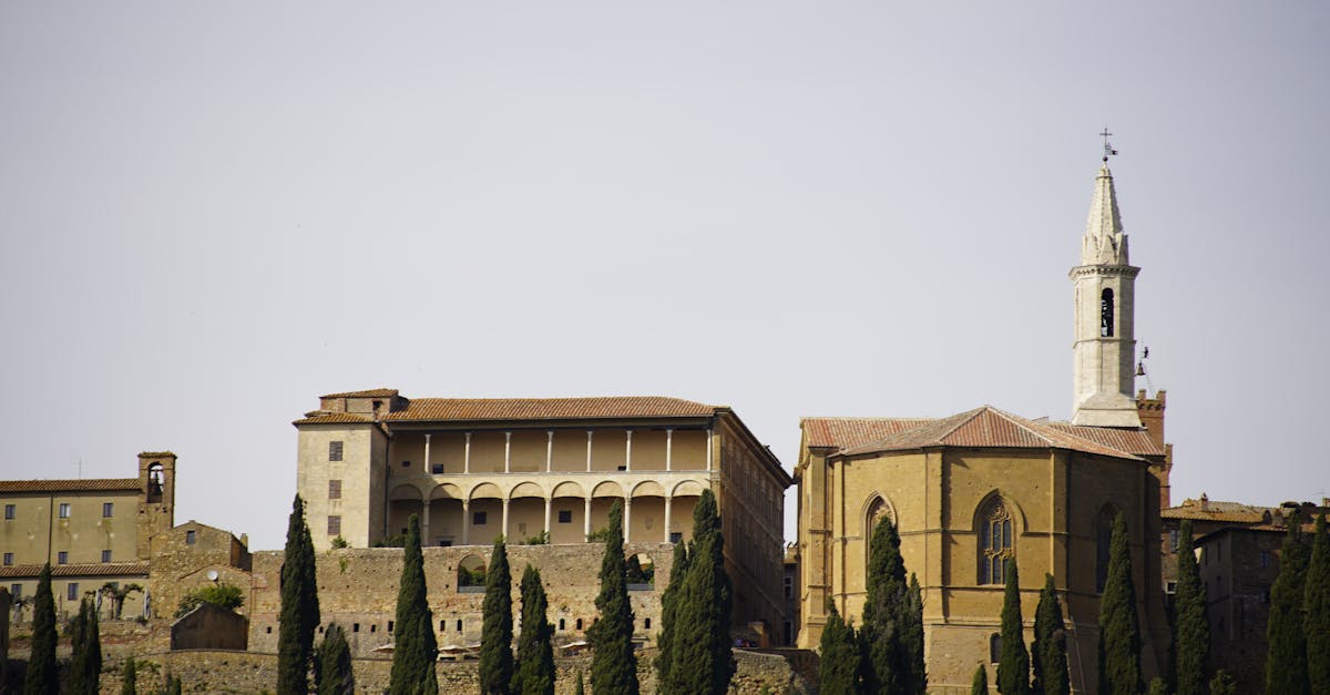 Panoramic view of Palazzo Piccolomini and Pienza Cathedral representing Renaissance architecture.