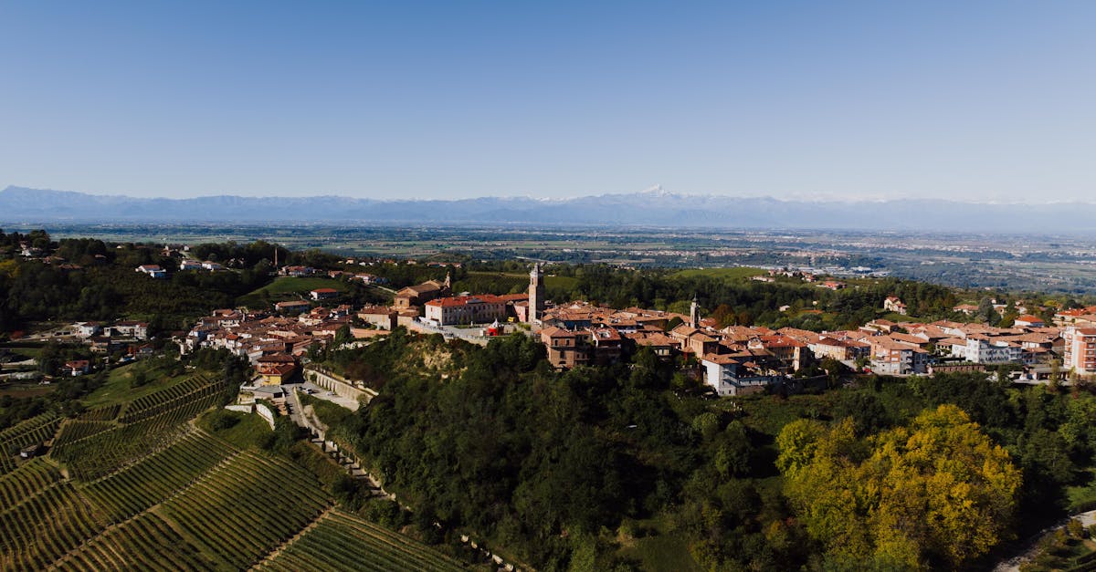 A stunning aerial view of La Morra, Piemonte, Italy, showcasing vineyards and historic architecture in summer.