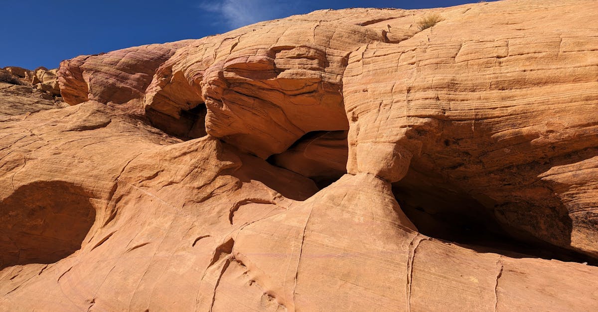 Explore the rugged beauty of sandstone formations with intricate erosion patterns under a clear blue sky.