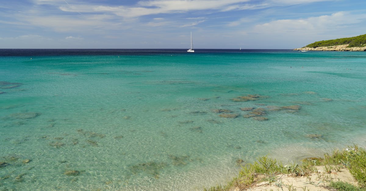 Tranquil beach scene featuring a sailboat on calm blue waters under a clear sky.