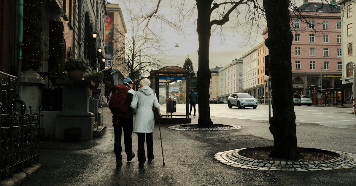 Elderly couple strolls hand-in-hand on a charming European street during winter.