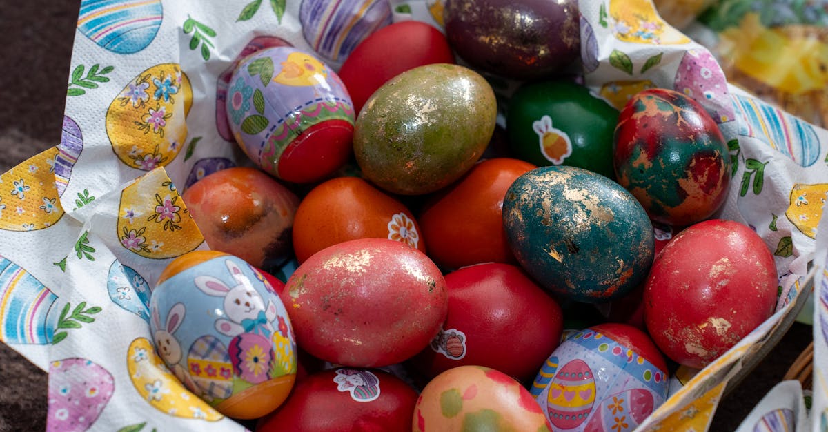 Vibrant Easter eggs arranged in a decorative basket, perfect for holiday celebrations.