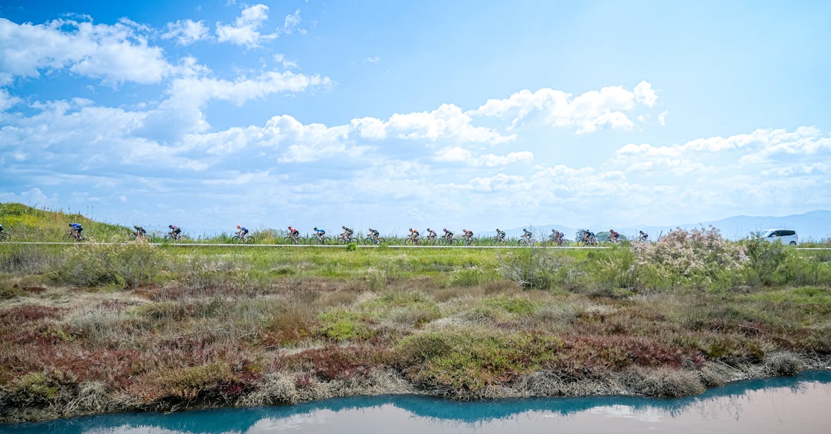 A group of cyclists riding through a scenic landscape in Edremit, Balıkesir, Türkiye on a sunny day.
