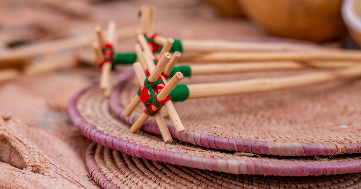 Detailed close-up of traditional handmade baskets and wooden tools with vibrant colors.