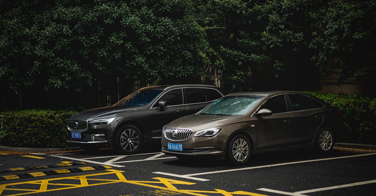 Two cars, an SUV and a sedan, parked side by side in a shady urban lot.