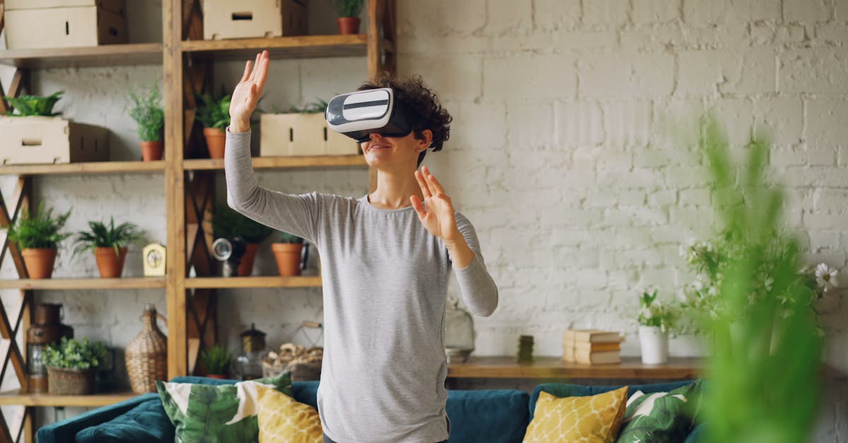 Adult using VR headset in cozy living room, enjoying immersive tech experience.