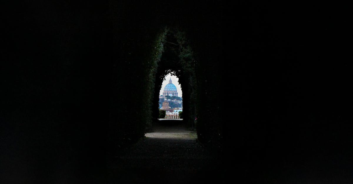 Stunning perspective of St Peter's Basilica seen through a lush garden tunnel in Rome, Italy.
