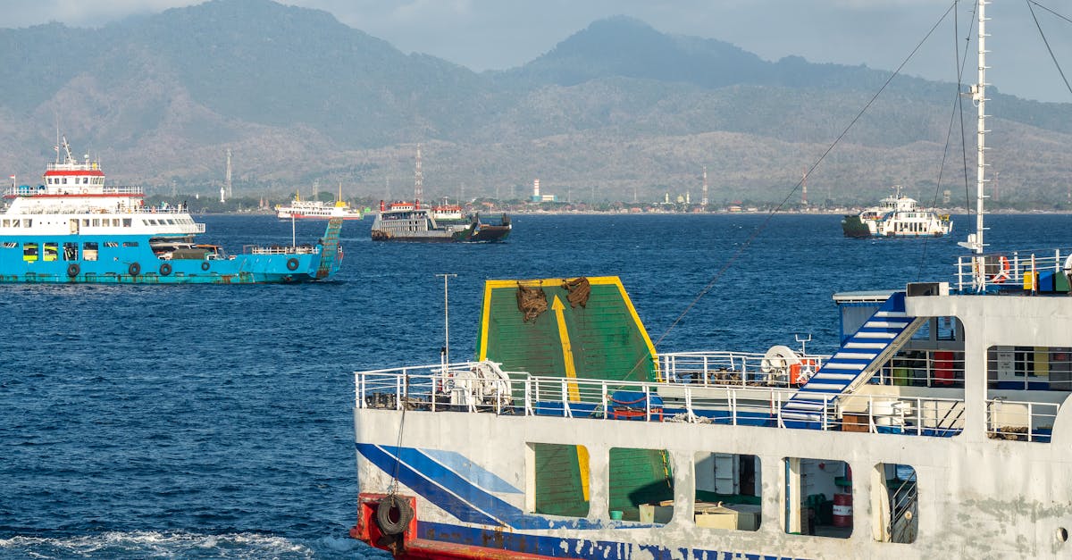 Ferry boats in a calm harbor with a mountainous backdrop on a sunny day.