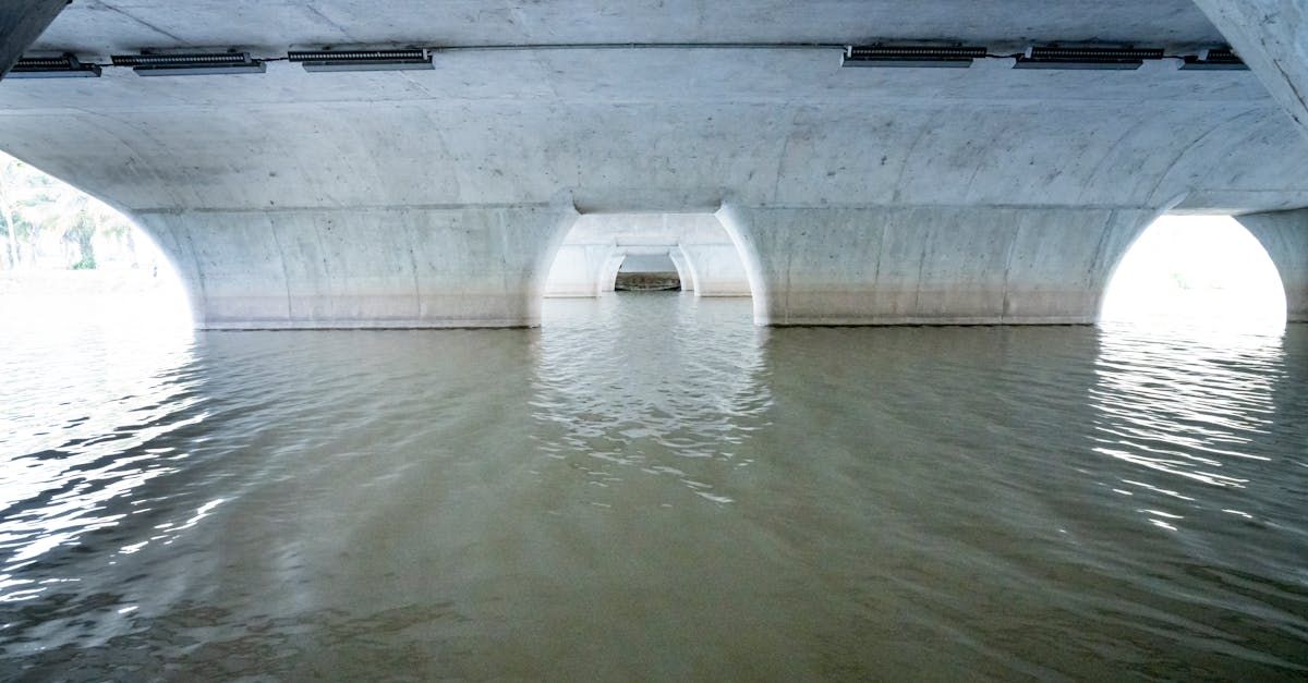 Area under concrete white bridge with arched piers situated on rippling river on sunny day