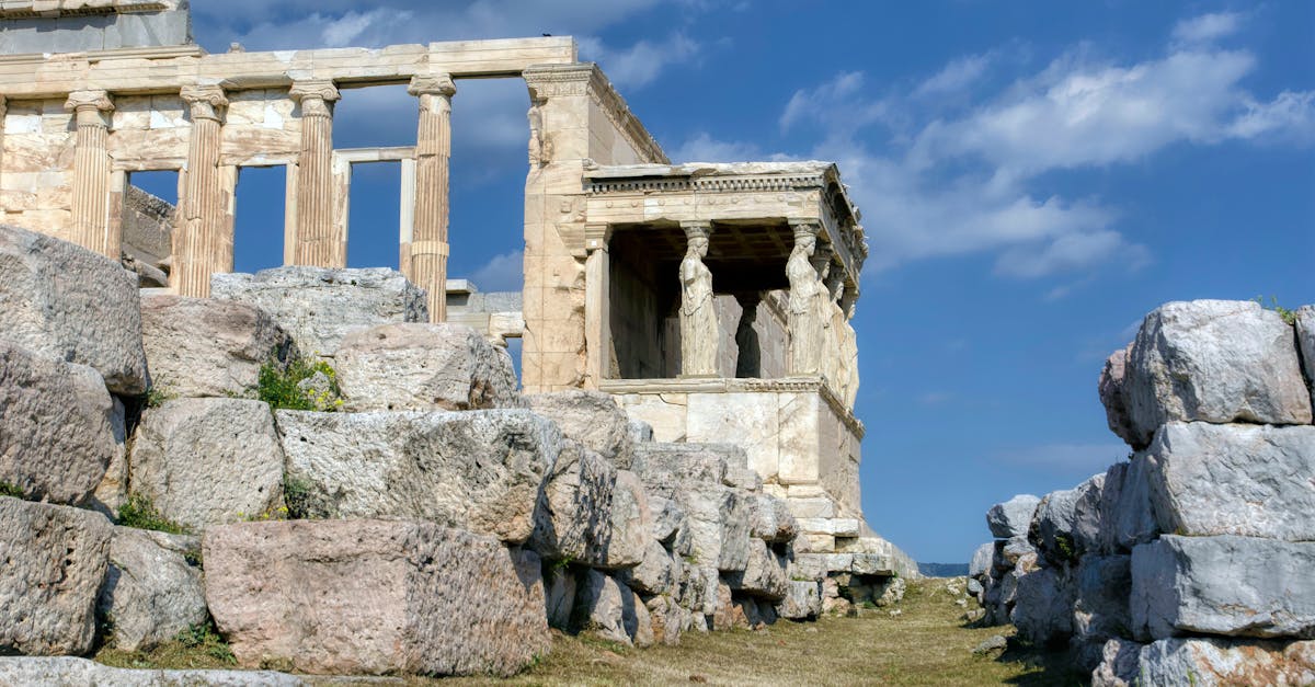 View of the Erechtheion ruins in Athens, showcasing ancient Greek architecture and historical columns.