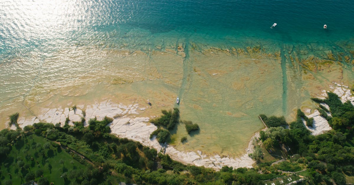 Drone shot capturing vibrant waters and lush greenery along a tranquil lakeshore.