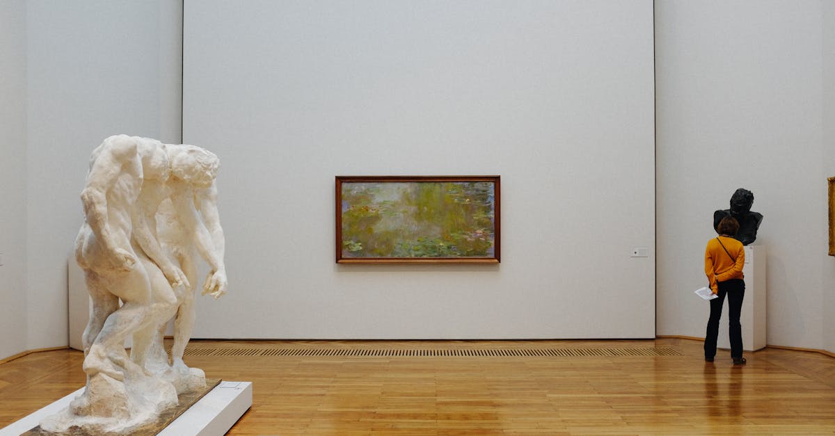 A person admires art in a modern gallery featuring sculpture and painting.